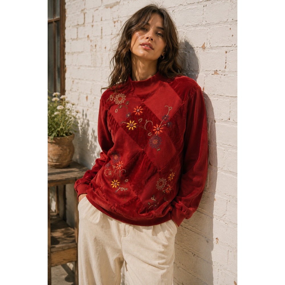 Vintage Alfred‎ Dunner Patchwork Floral Embroidered Sweatshirt 90s Cottagecore S